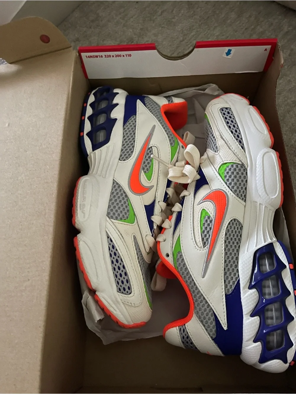 Nike White Sneakers with Neon Orange, Royal Blue & Lime Accents